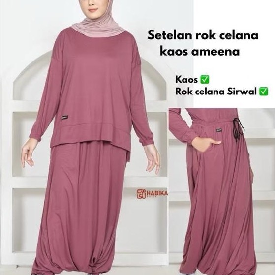 Setelan Rok Celana Kaos Ameena - Setelan Olahraga Muslimah One Set Rok Celana & Kaos Lengan Panjang