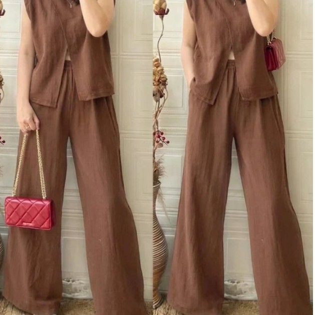 Yolla set Atasan + kulot Bahan Linen one set wanita kekinian ootd pantai lucu stelan wanita terbaru
