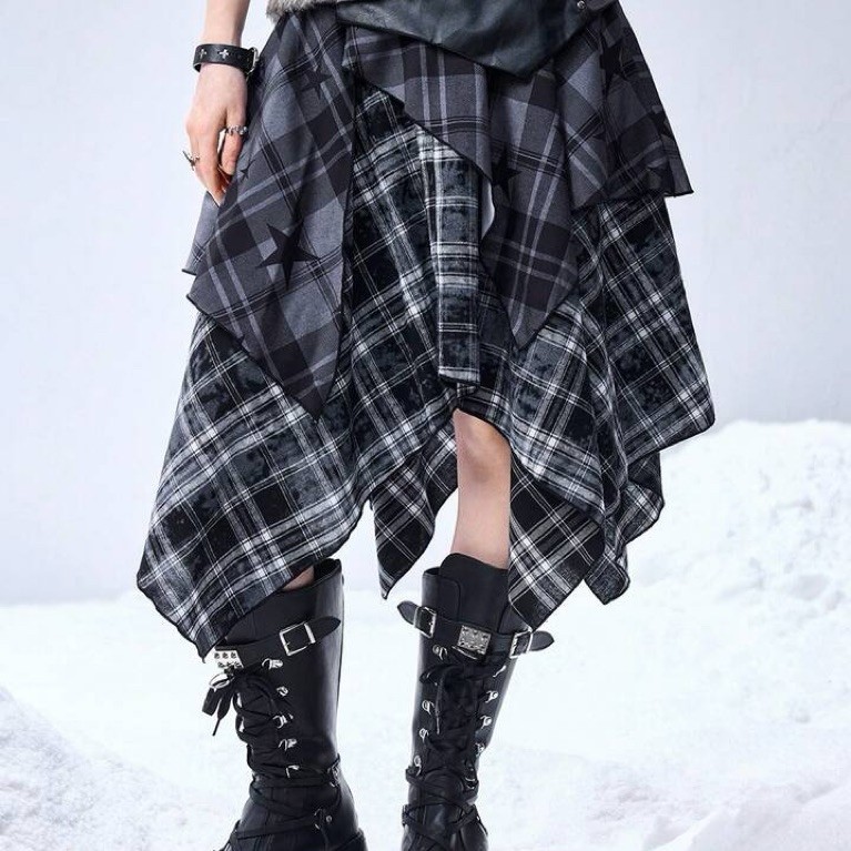 JASTIP SHEIN ROMWE EDITION Spring Plaid Grunge Star Tie-Dye Plaid Patchwork PU Fringe A-Line Mini Sk