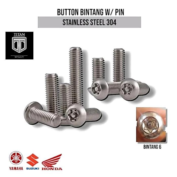 . (5pcs) Baut button torq M6 x 8 / Baut Button W/ Pin M6 x 8 / Baut Torx M6 x 8 Kunci T 20 Baut