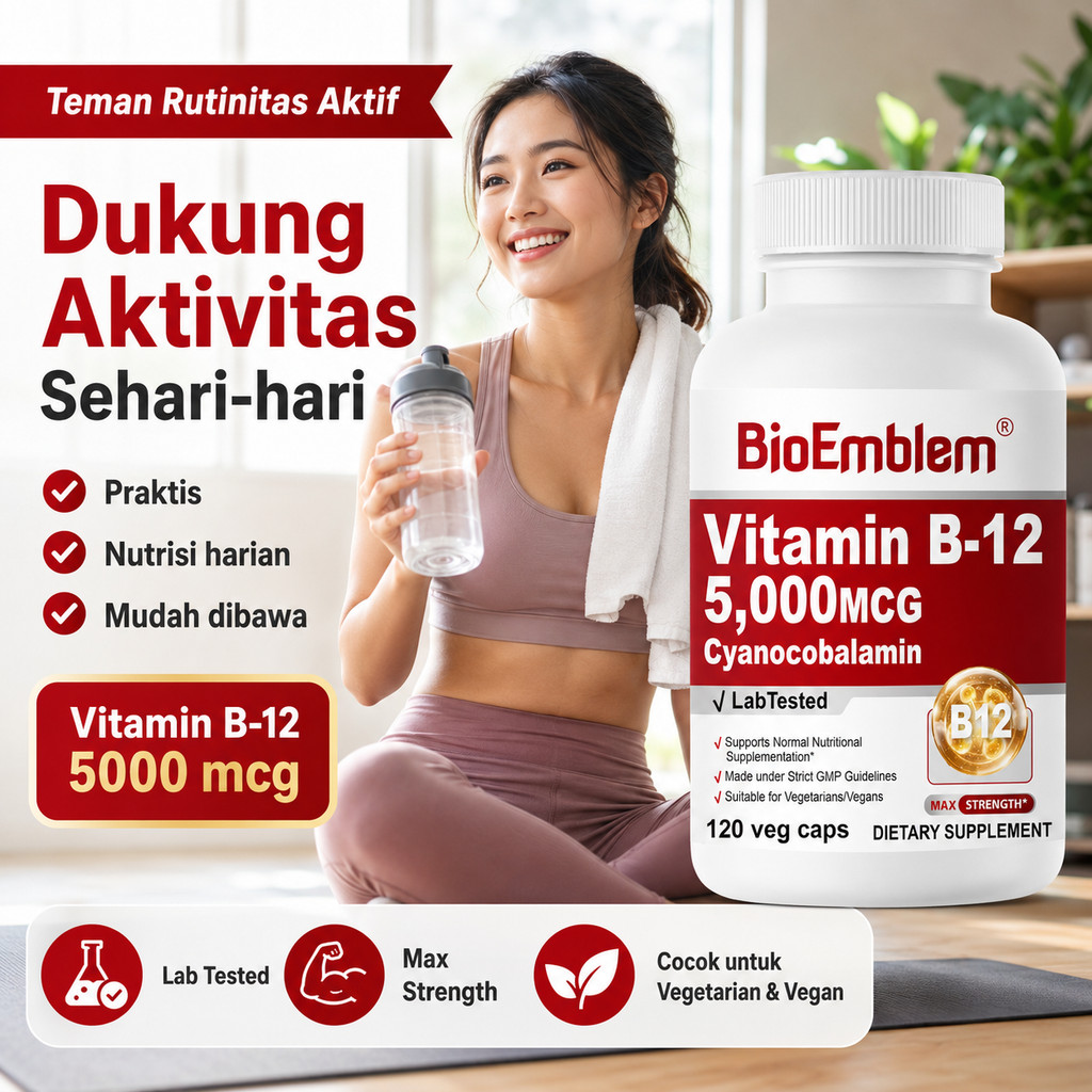 BioEmblem Vitamin B-12 5000 mcg Cyanocobalamin 120 Veg Caps Suplemen Energi Harian Metabolisme Vegan