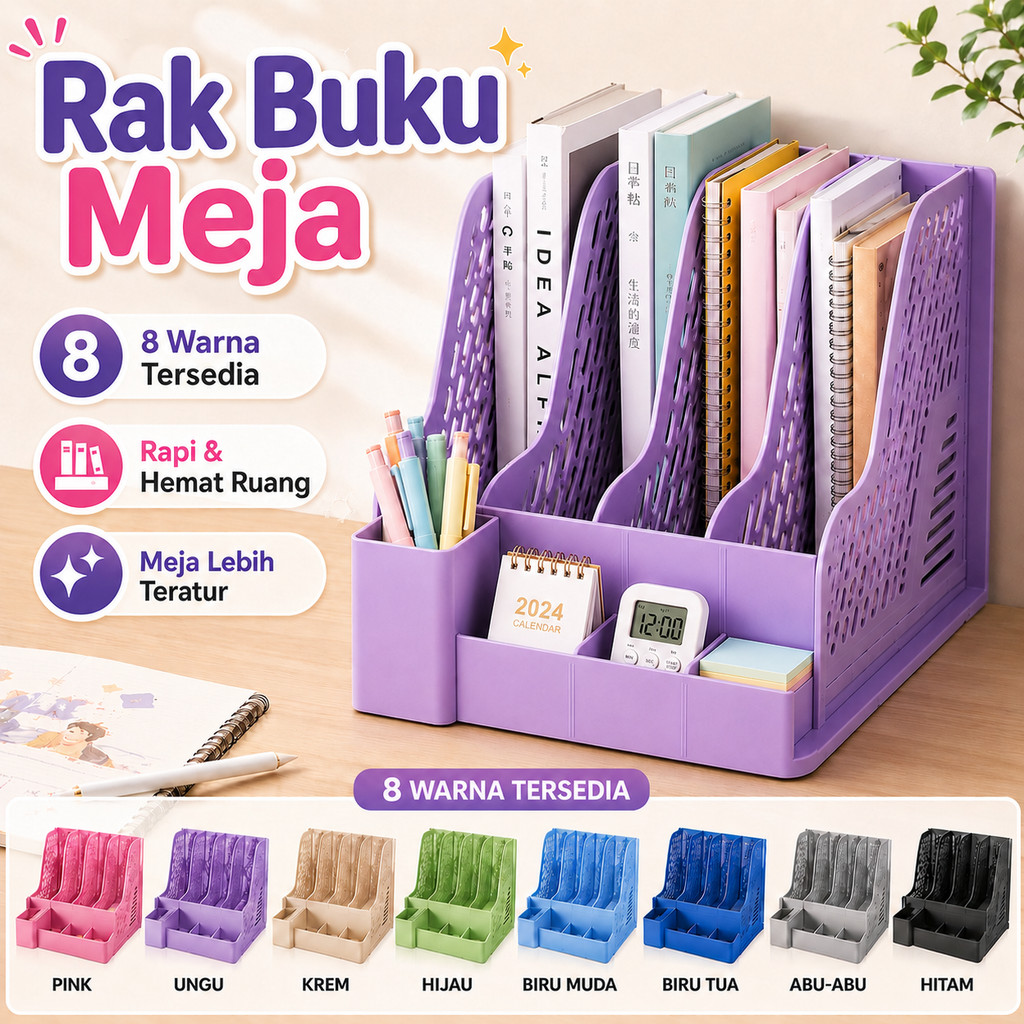 Rak File / File Box Plastik 4 Susun (4 Sekat) - Organizer Dokumen & Buku untuk Meja Kantor, Desain F