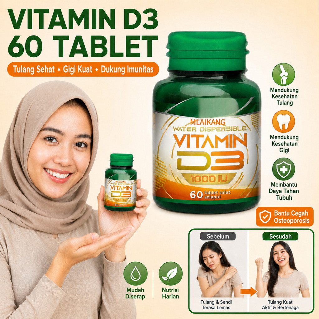 Vitamin D3 60 Kapsul | Kesehatan Tulang & Gigi | Vitamin D3 60 Kapsul Untuk Imunitas Tubuh | Vitamin