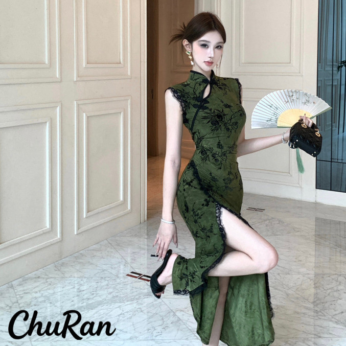 Chu Ran Hijau Tua Gaun Cheongsam Slim Fit Retro Cina Terbaru Untuk Wanita Di Musim Panas