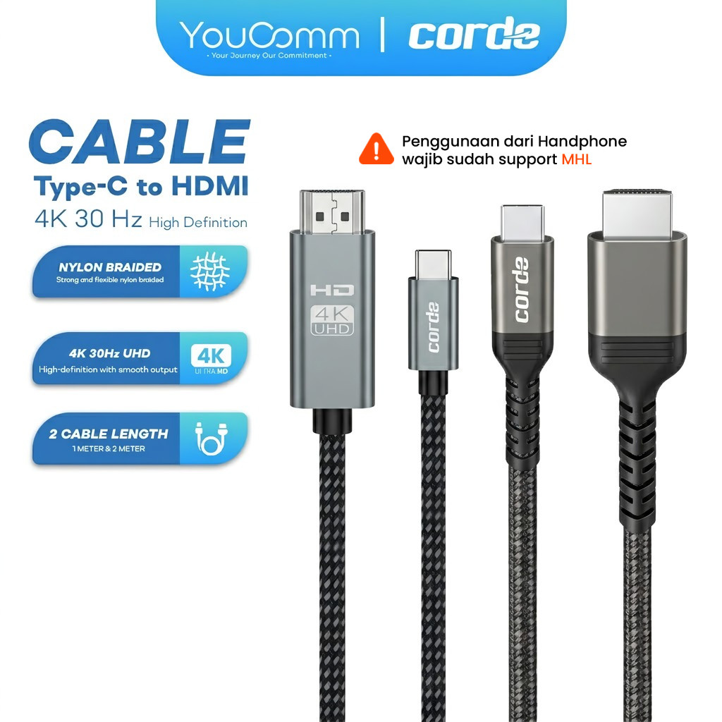 CORDE Kabel HDMI Type-C to HDMI 4K 30Hz | Kabel HDMI HP, Laptop & Tablet ke TV Proyektor