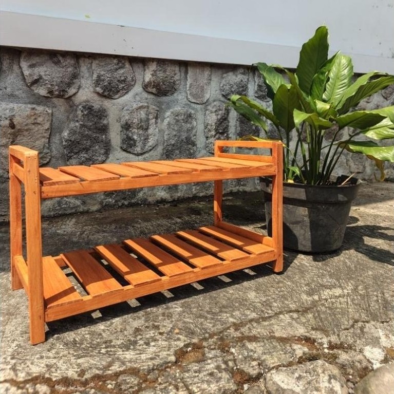 Rak Sepatu Sandal Kayu Minimalis Model 2 Susun Natural / Plitur/Hitam
