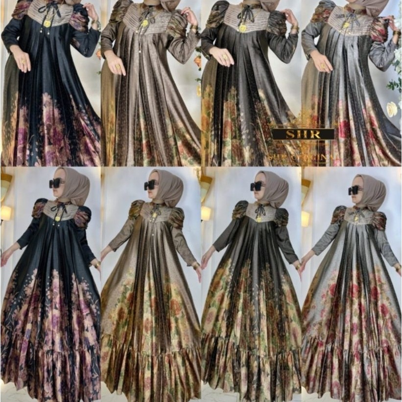 NEW SHR ORI 100% COD MIDI DRESS GAMIS dada lipit sutra bb motif timbul zipper bunga syahira
