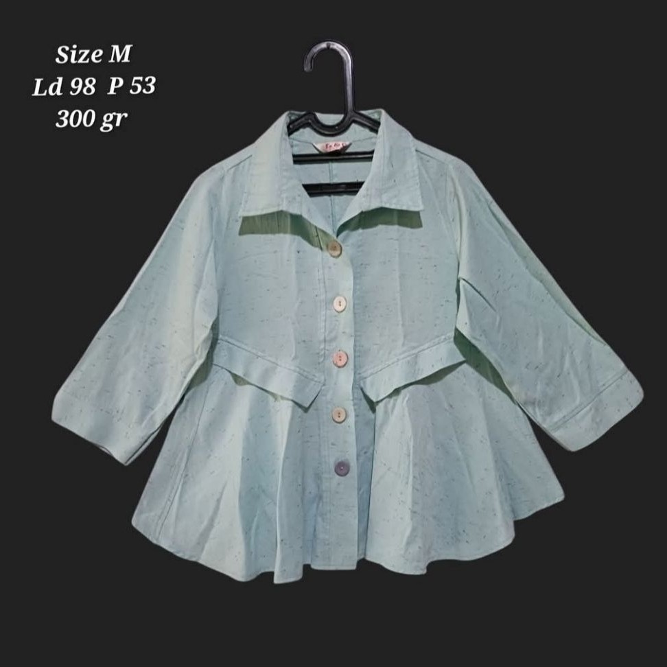 blouse biru motif katun linen size M