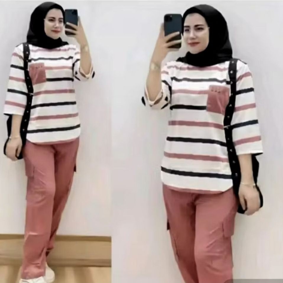 Set motif pelangi garis garis salur terbaru wanita kekinian elegan modern