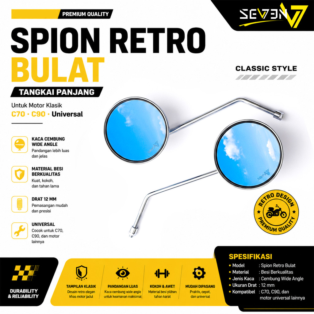 Spion RETRO PANJANG c70 honda c50 c90 pispot Kotak dan c100 c102 drat 12 unyil Sepeda listrik dan Ve