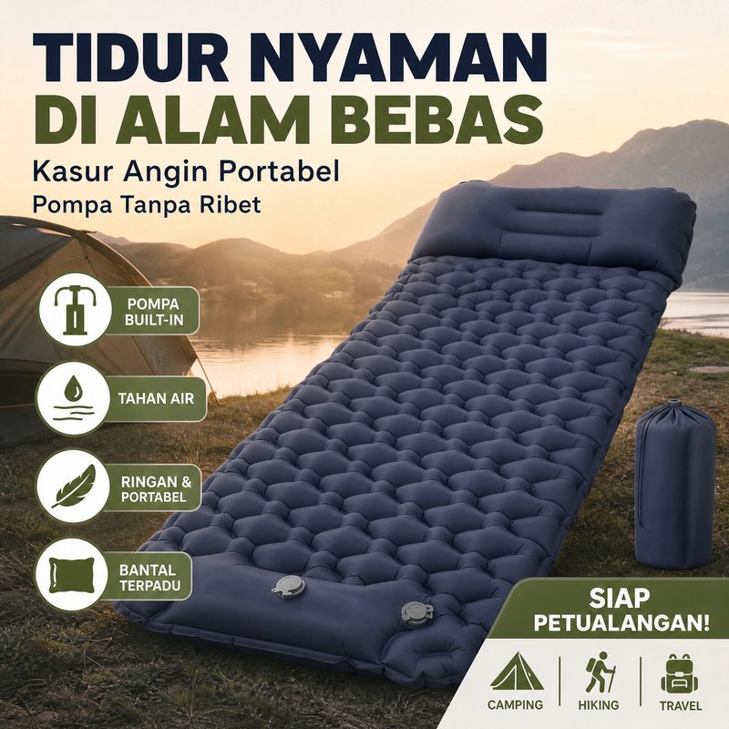 Matras Angin Portable Camping Built In Pump Bantal Anti Air Lipat Hiking Traveling Outdoor