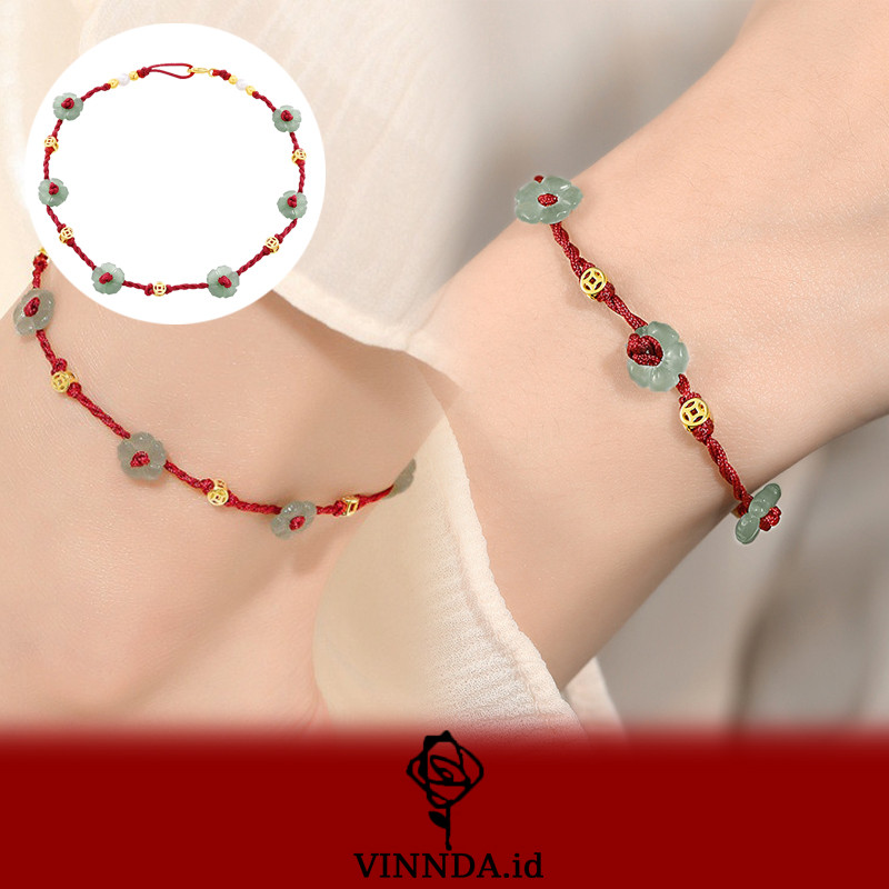Gelang Tali Merah Anyaman Tangan Giok Hetian Lapis Emas Terinspirasi Vintage VINNDA