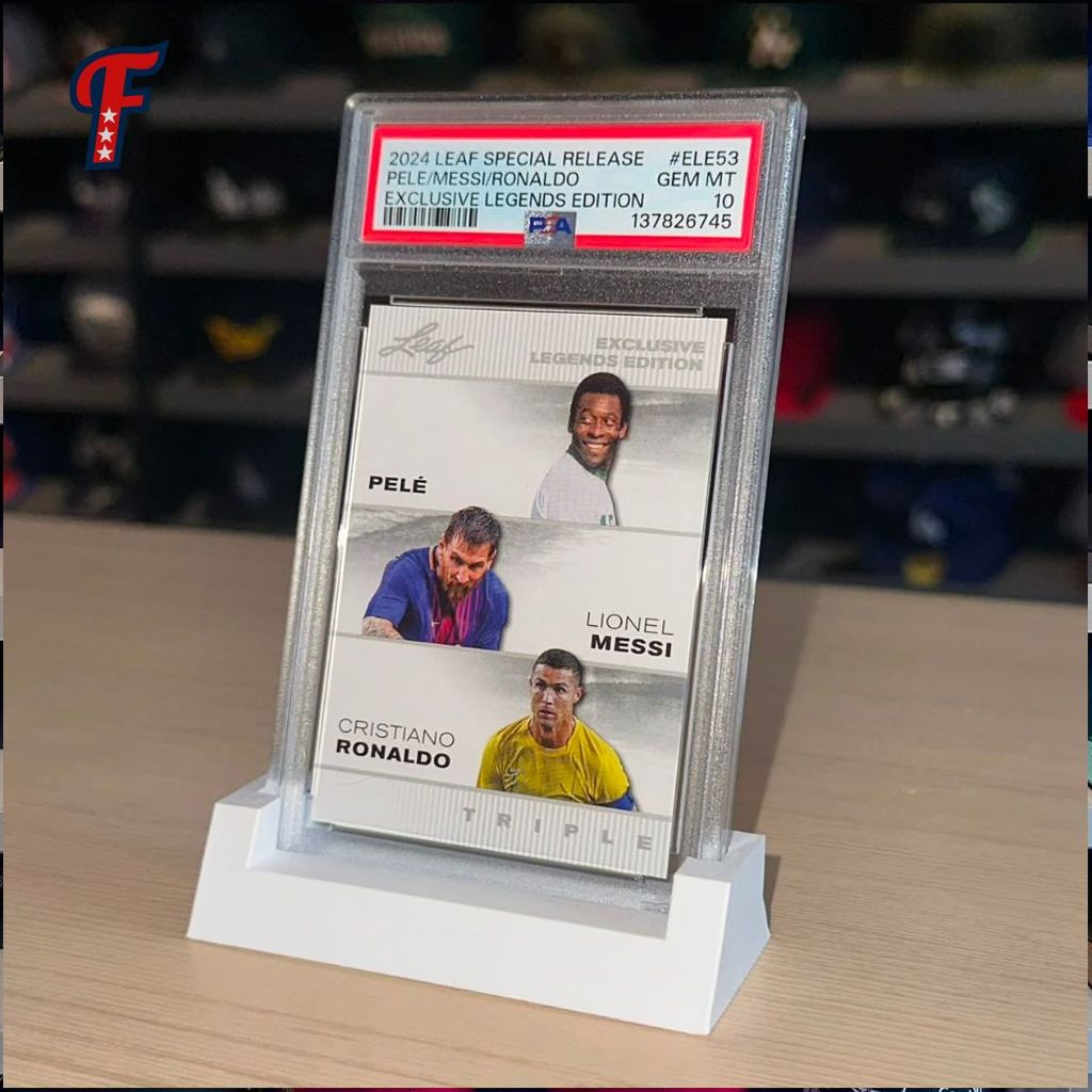 Kartu Slab Soccer 2024 Leaf Special Release Exclusive Legends Edition Pele/Messi/Ronaldo PSA 10 Grad