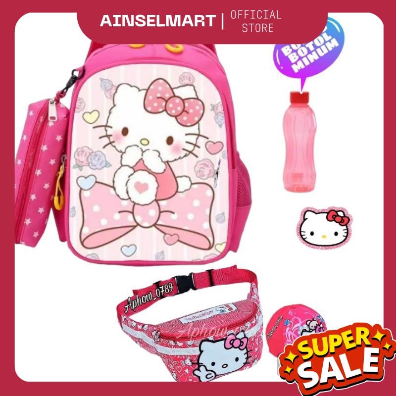 DBS 3in1 HELLO KITTY VITA Tas Ransel Sekolah Anak Perempuan TK SD 3in1 Waistbag Topi Motif Karakter 