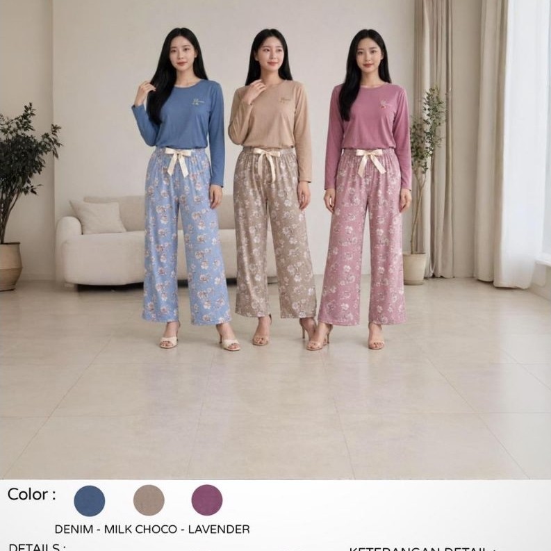 Anne Claire Setelan Kulot Rose Flower U - Neck - KL 361 PP - Setelan Kulot Lengan Panjang Celana Pan