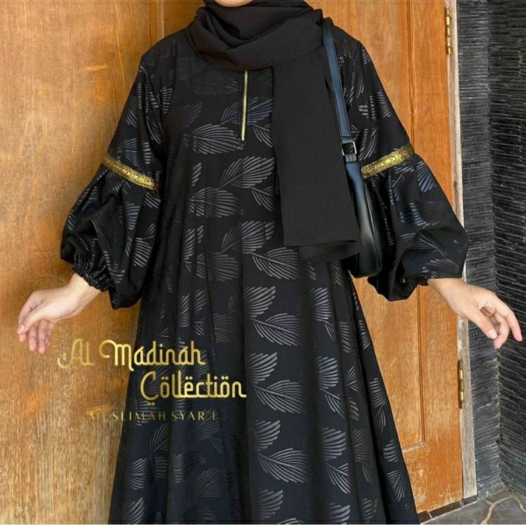 HOT SALE Abaya Shiva/Abaya Embos Lengan Balon Temboro Wolfis Hitam Full Motif Gamis Muslim Wanita