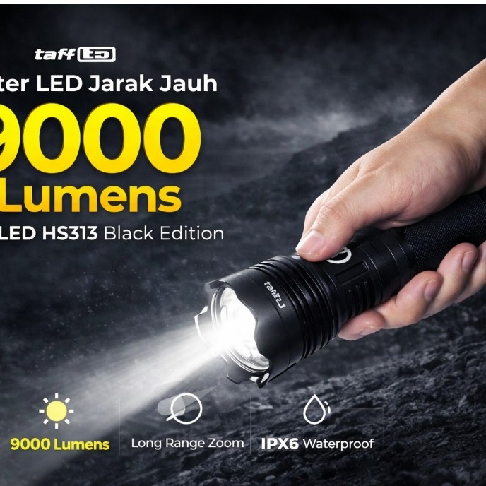 Senter LED Jarak Jauh Zoomable 9000 Lumens TaffLED HS313 Black Edition