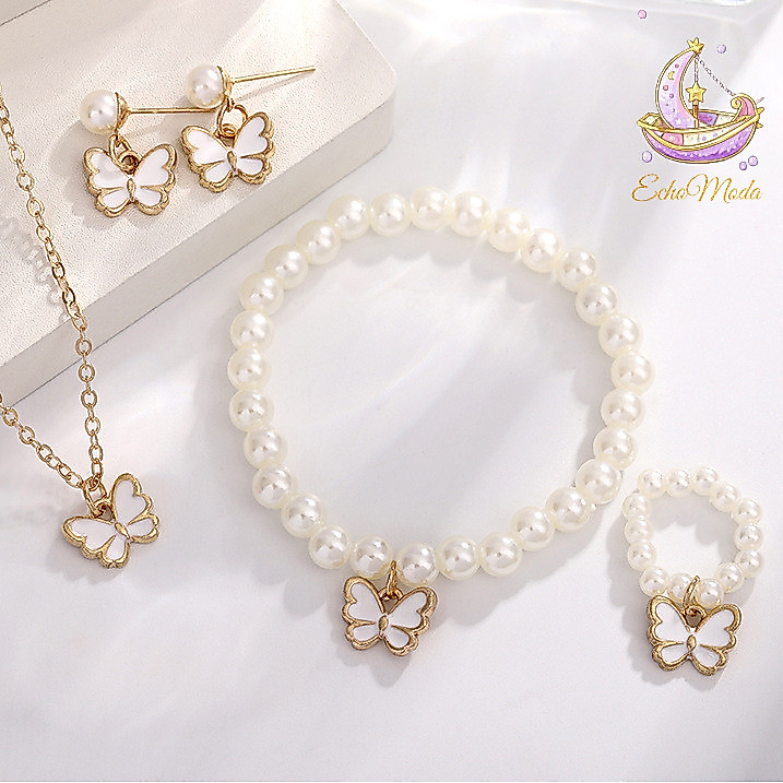 4 PCS/Set Perhiasan Mutiara Asli Titanium Mewah Motif Kupu-Kupu [Kalung+Anting+Cincin+Gelang] Set Ak