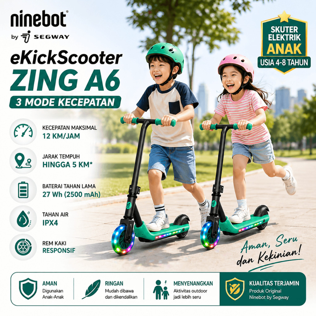 AS Skuter Elektrik Listrik Anak Otoped Ninebot eKickScooter Zing A6 Segway 3 Mode Kecepatan LED IPX4