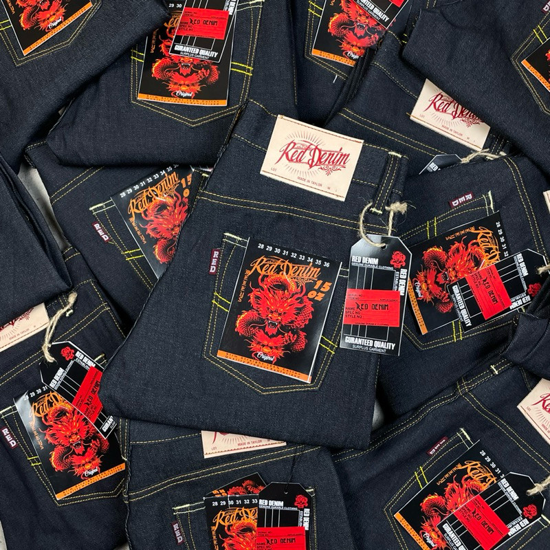 RED DENIM - Denim Black Indigo 15Oz Sanforized Raw Denim Accent Selvedge Original