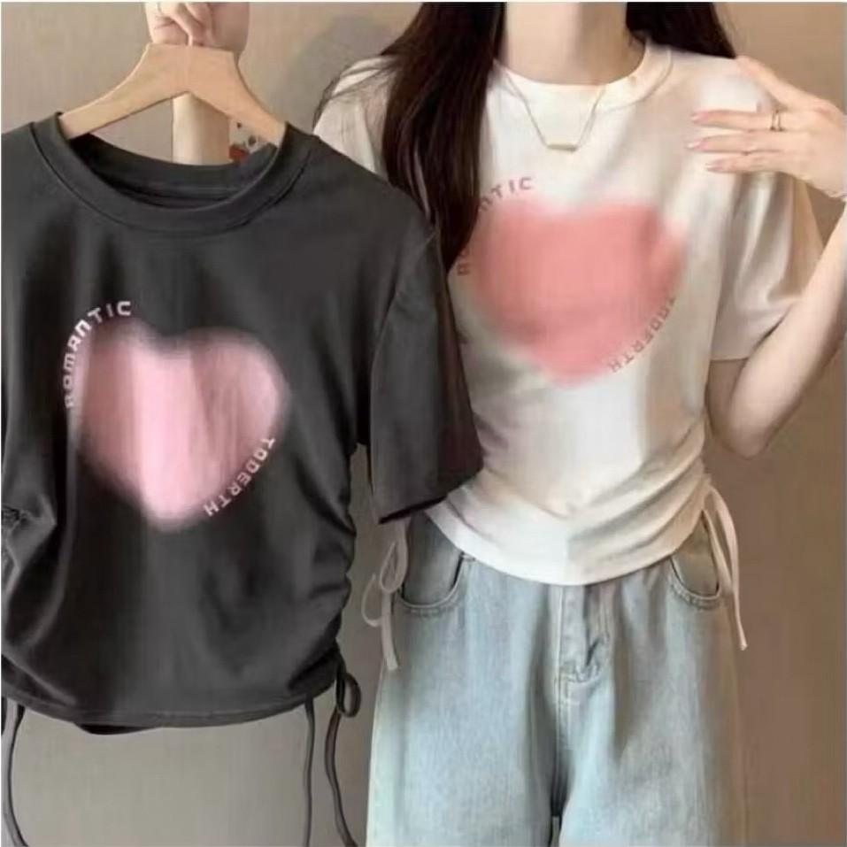 Crop Top T-Shirt Serut ROMANTIC Heart Love Rib Knit Tangan Pendek (LD 88, P 40)