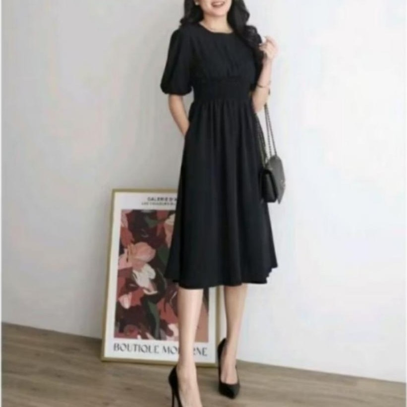 BIG SALE Soora MIDI dress wanita, dres pesta lengan karet