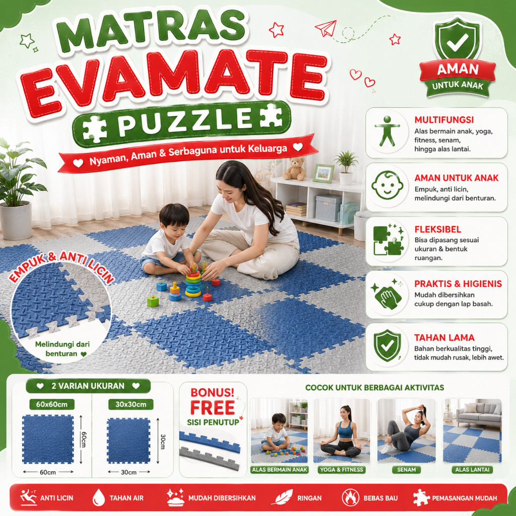 SPEEDS Matras Puzzle Evamat 30x30cm 10mm Pinggiran Isi 9 pcs Karpet Bermain Eva Mate Puzzle