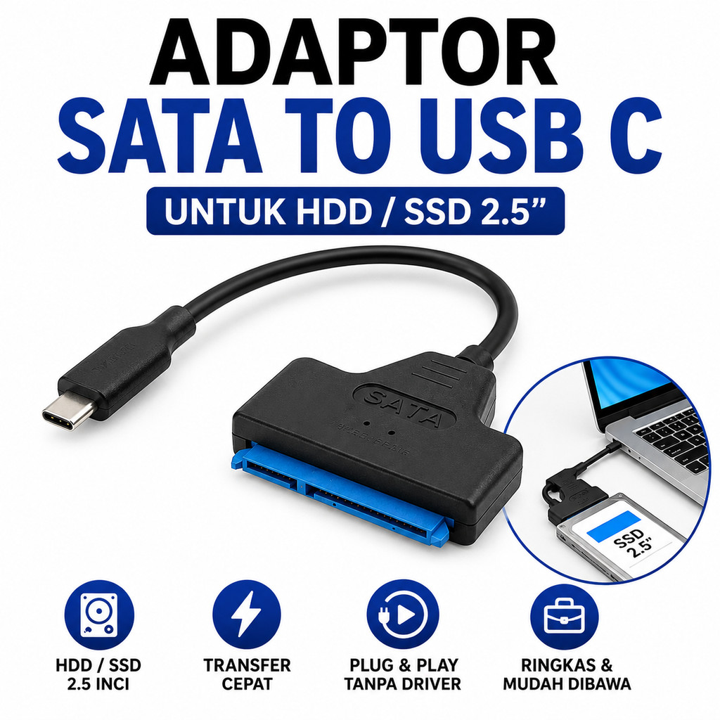 Kabel Adaptor SATA to USB Type C Converter HDD SSD 2.5 Inch Kabel Konverter Harddisk Eksternal Lapto