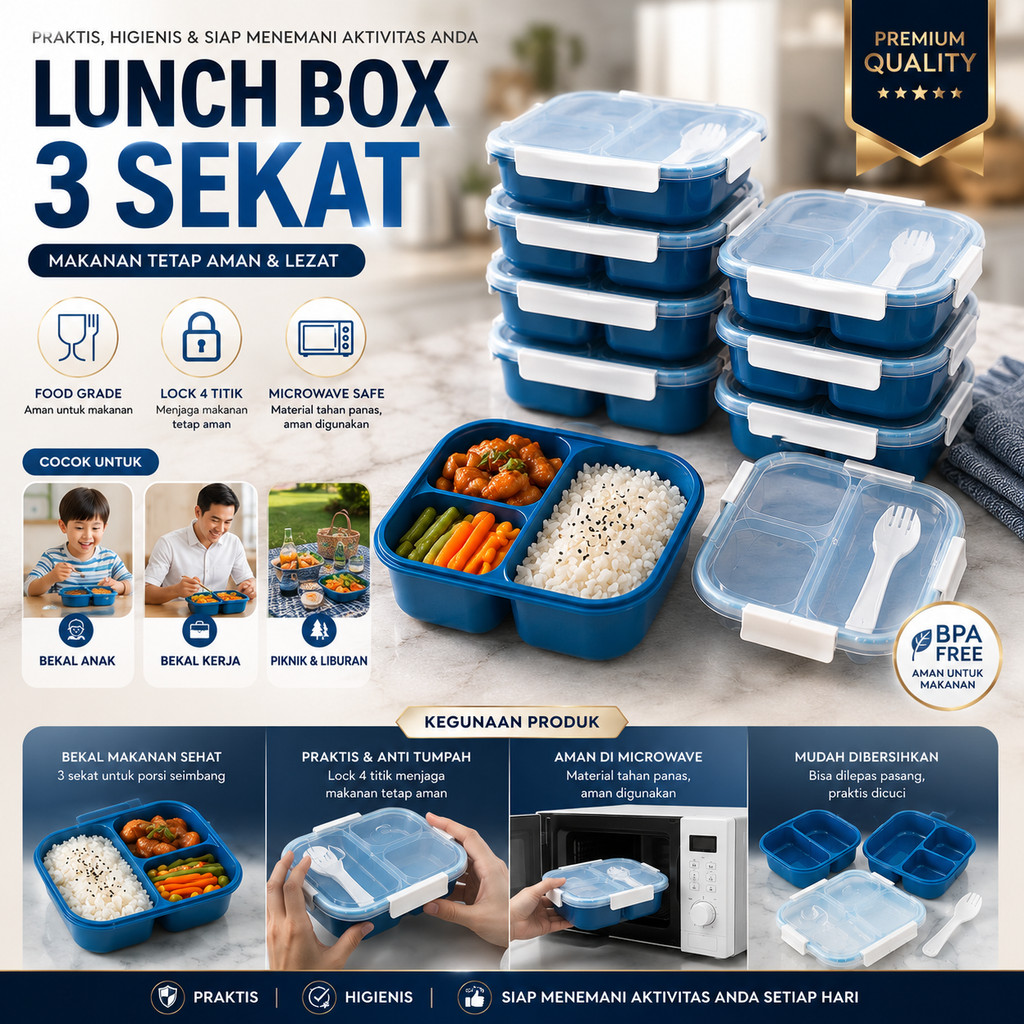 Lunch Box + Sendok / Kotak Bekal / Set Alat Makan /  Ompreng Anak / Kotak Makan Plastik AF
