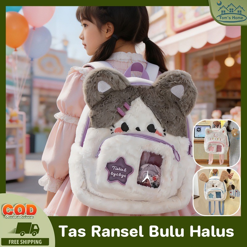 Tas Ransel Bulu Halus Lucu Tas Backpack Bulu Halus Wanita Tas Sekolah Anak Tas Kapasitas Besar