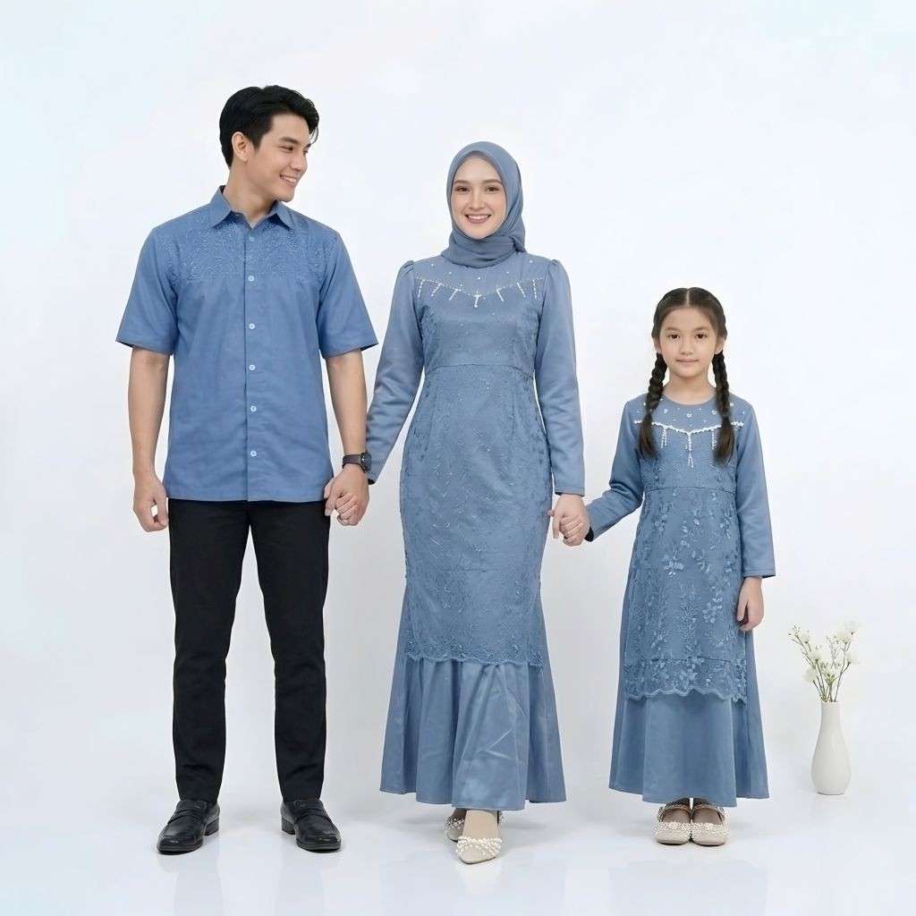 Family Setelan Keluarga Nnderyan Only Denim Baju Pasangan Ayah Ibu dan Anak Perempuan Tile Mutiara C