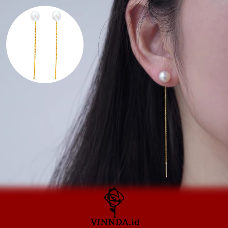 Anting-Anting Mutiara Rumbai Panjang Gaya Korea Lapis Emas Prancis VINNDA