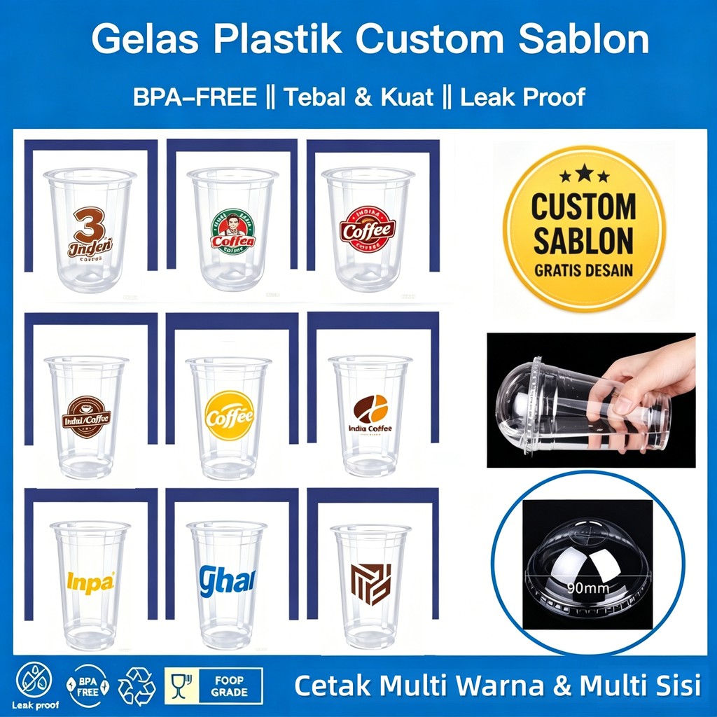 Custom Cetak & Sablon Gelas Plastik PP Tebal 14oz 16oz 24oz | Multi Warna & Multi Sisi | Cup Kopi, B