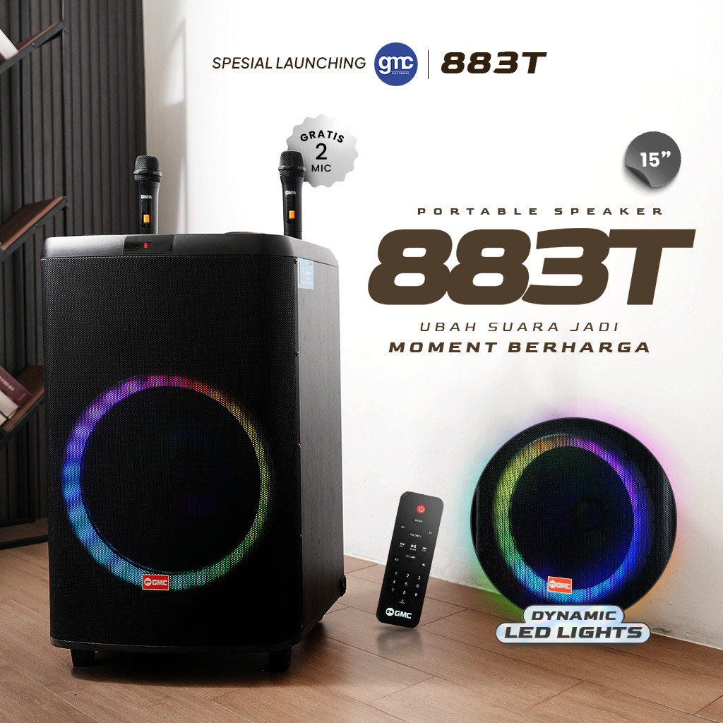 GMC Speaker 883T – Bluetooth Karaoke Speaker 15 Inch – 195W, LED Light, Gratis 2 Mic Wireless, USB, 