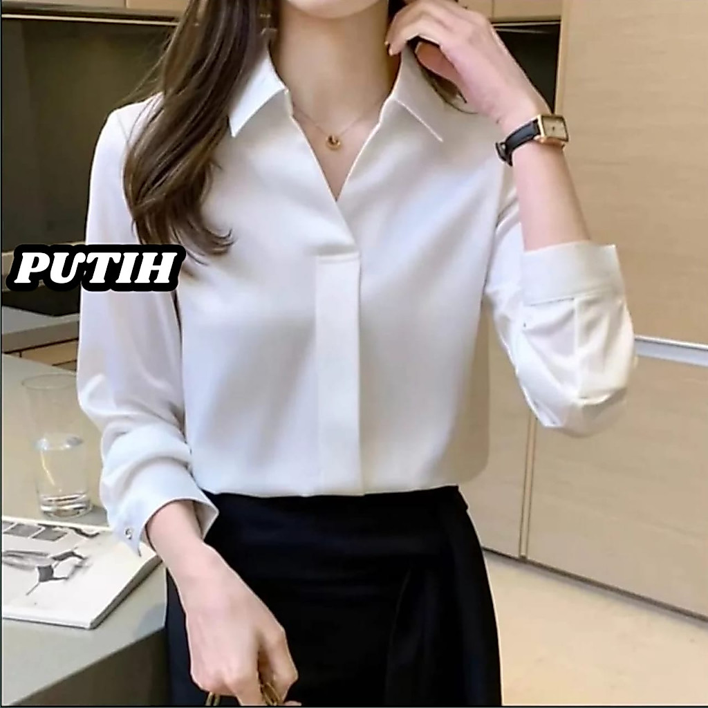 BLOUSE KOREAN STYLE KEKINIAN / BLOUSE ATASAN WANITA FORMAL/ BLOUSE HITAM PUTIH LENGAN PANJANG