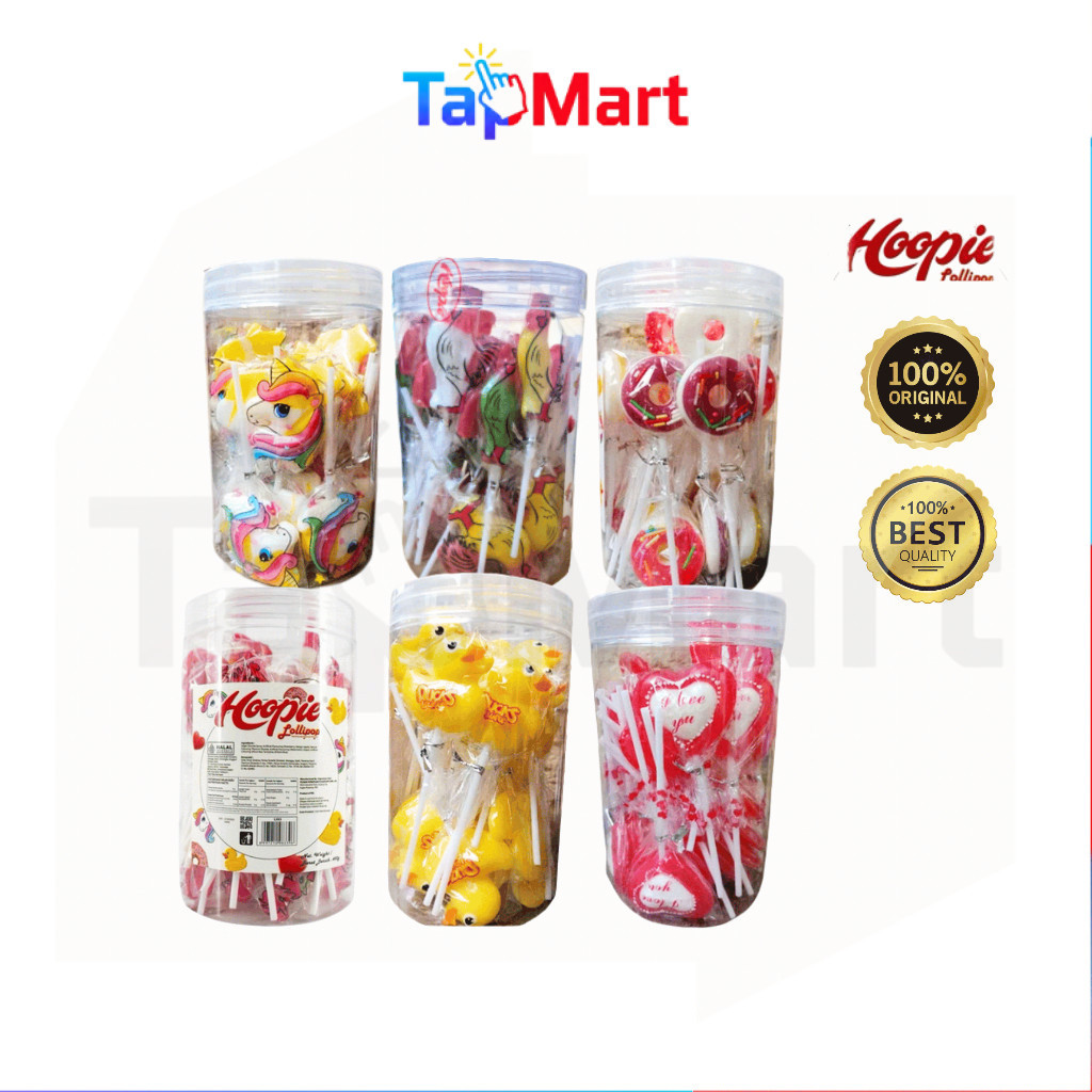 TapMart - Hoopie Lollipop Aneka Bentuk Bebek Unicorn Heart Ayam Jago Donat Jar 450 gr Isi 30 pcs Per