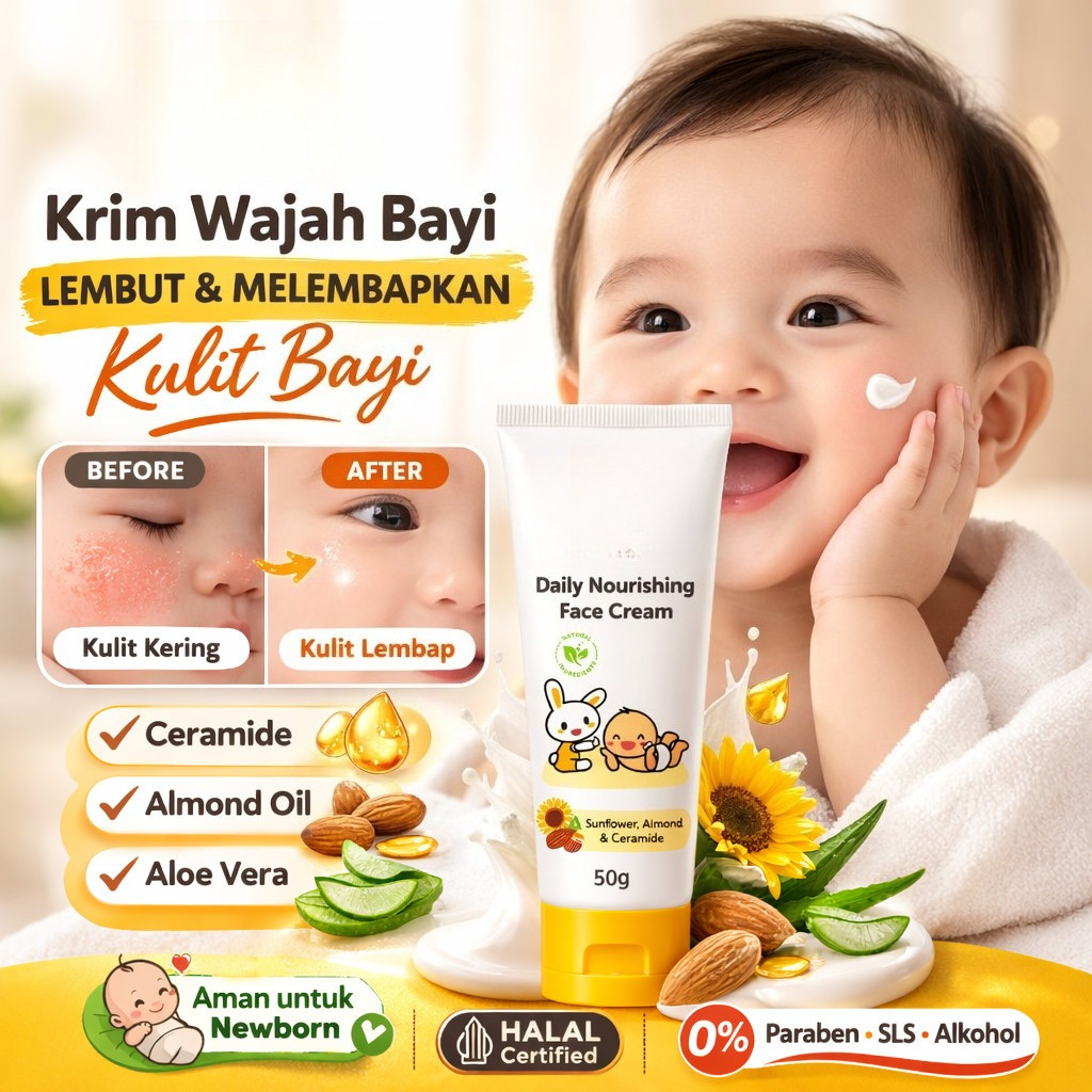 Krim Wajah Bayi – Atasi Ruam & Kulit Kering Bayi, Pelembap Ceramide Almond Oil, Baby Moisturizer Hal