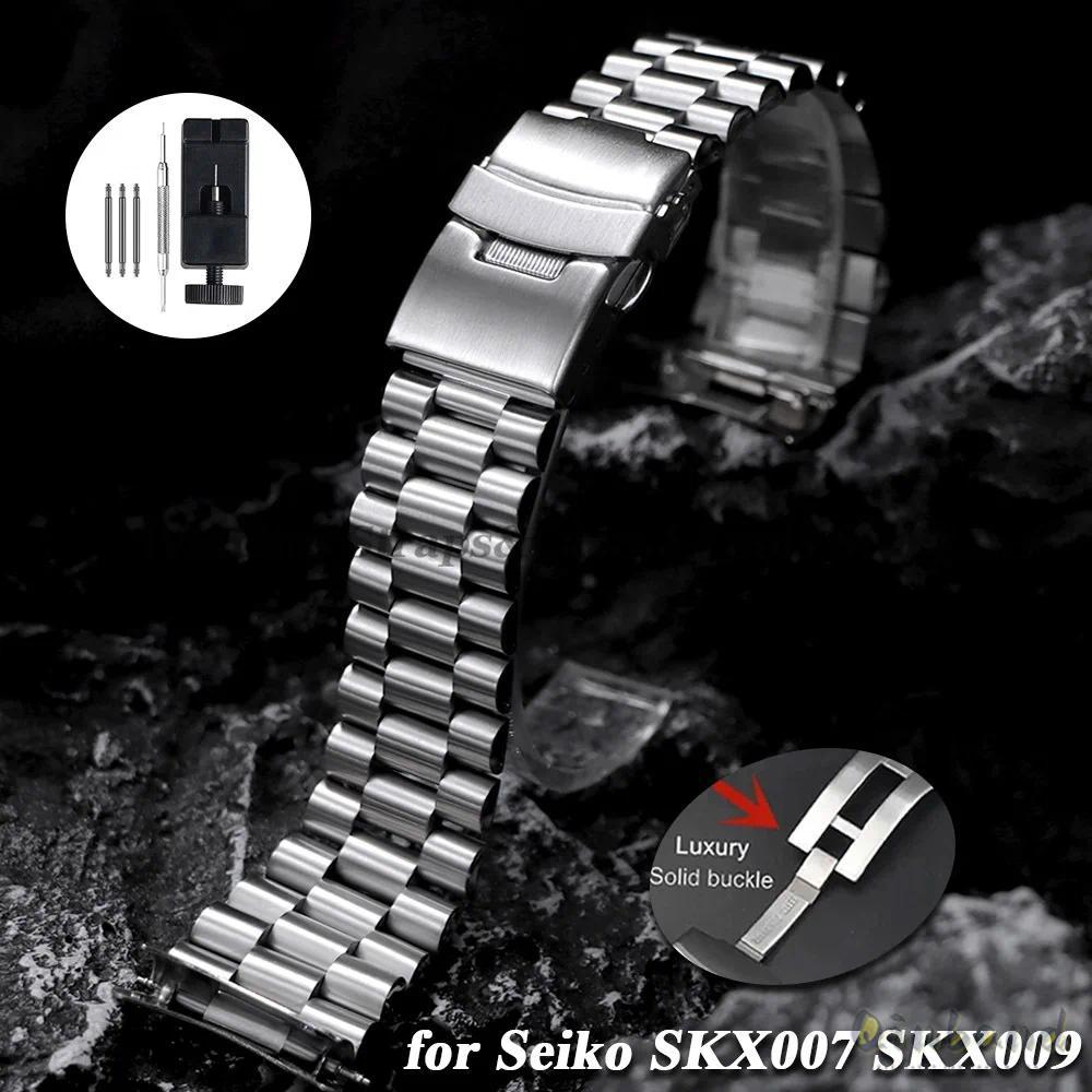 Luxury Curved Strap for Seiko SKX007 SKX009 Solid Stainless Steel Watch Band Three Beads 20mm 22mm A