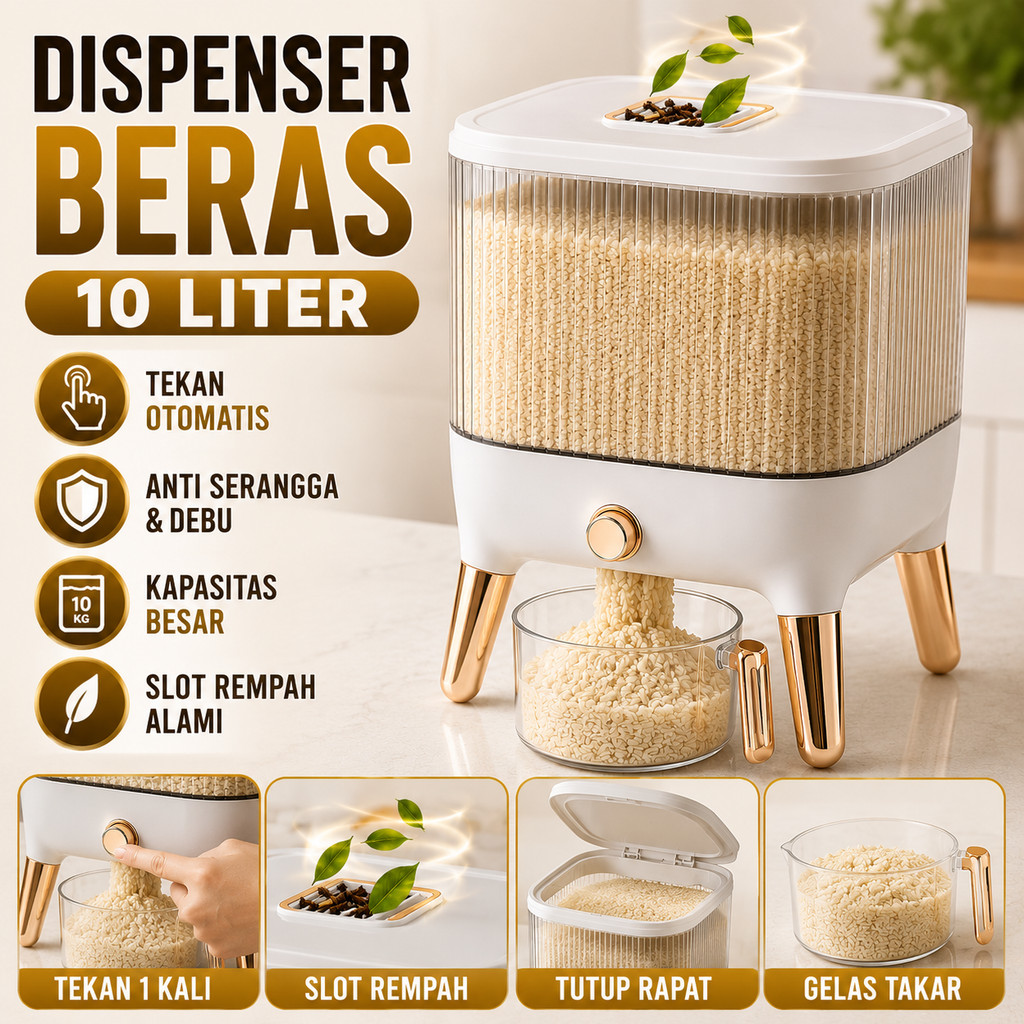 Dispenser Beras 10 Liter Container Rice Box Storage Desain Minimalis Wadah Penyimpanan Beras Otomati