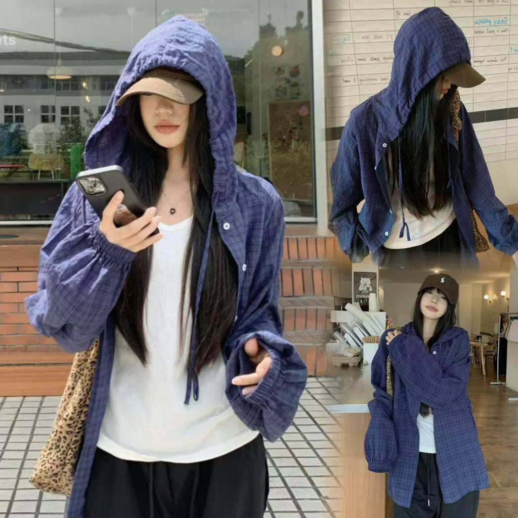 feminafashion#W511 Kemeja lengan panjang kotak-kotak biru untuk wanita, musim semi/musim panas, poto