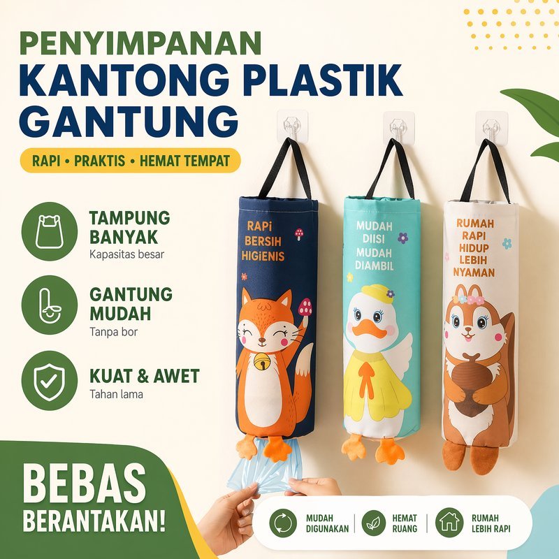 Tas Organizer Gantung Kantong Plastik Tempat Tisu Motif Hewan Lucu Dekorasi Dapur Rumah