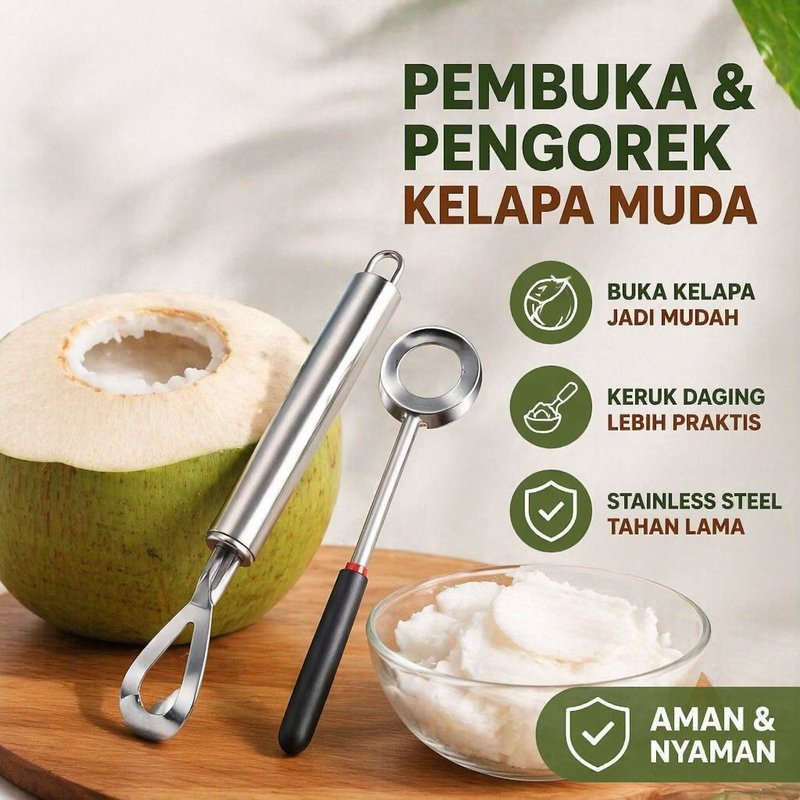 Alat Pembuka Kelapa Muda Stainless Steel Pengorek Daging Kelapa Alat Dapur Es Kelapa Praktis