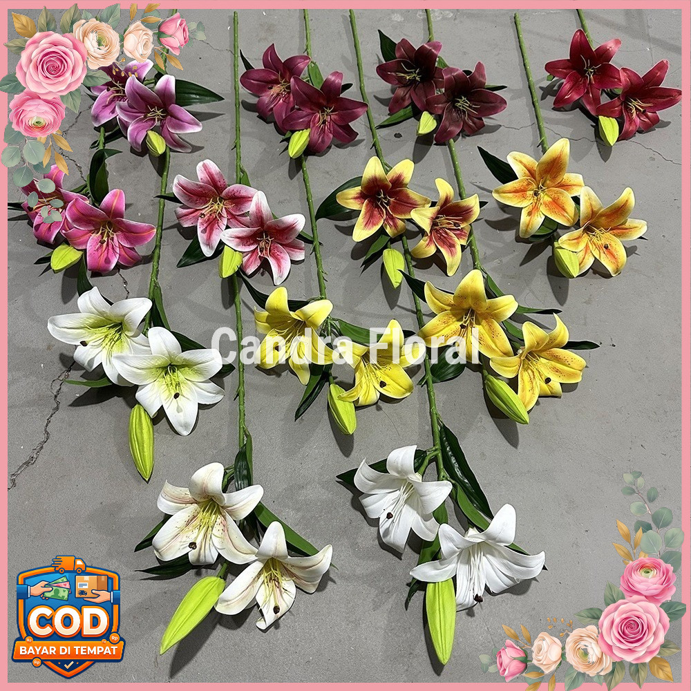 Bunga Lili Palsu 35cm 1 Batang 2 Bunga 1 Kuncup Diameter 14cm Bahan Plastik Batang Besi Dekorasi Rum