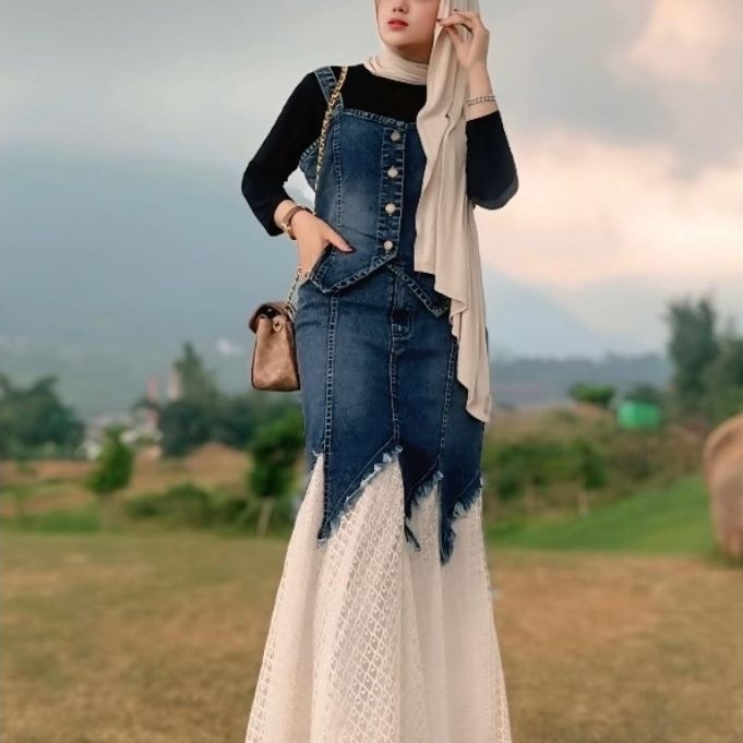 Ella Trendy Setelan Rok Jeans Mix Brukat Sherly