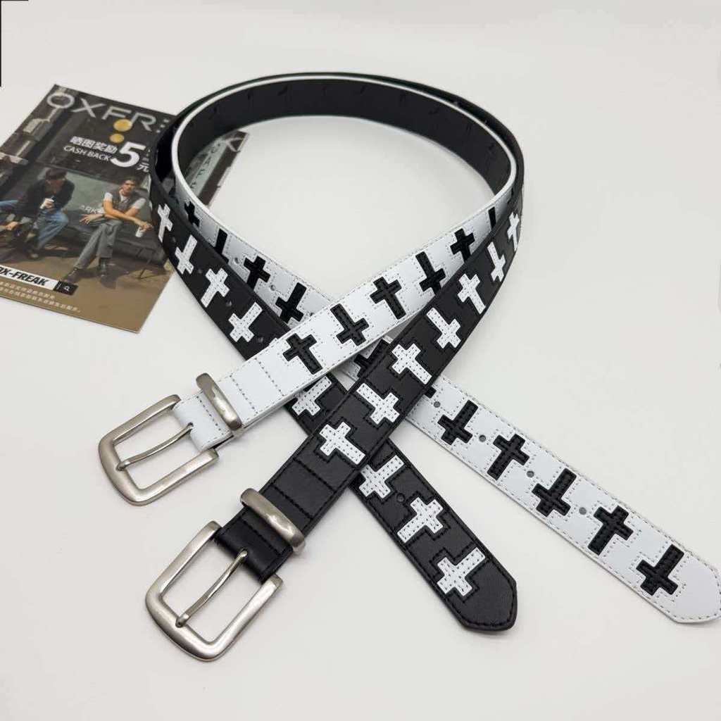 Sabuk kulit patchwork hitam putih baru, sabuk kulit kasual untuk pria dan wanita, modis.
