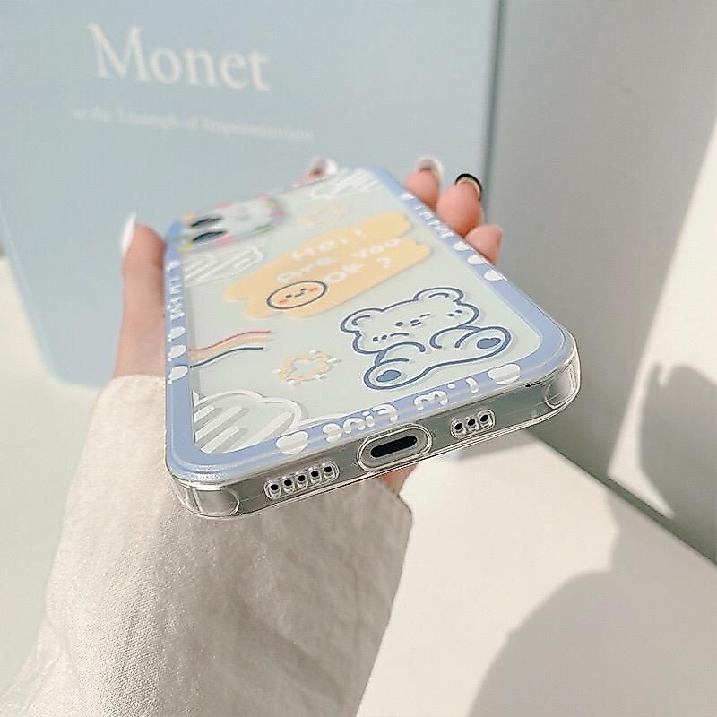 Case Iphone 13 Pro Soft Case Bear Blue Aesthetic TPU Korean Style Case Anti Crack Teddy I'm Fine