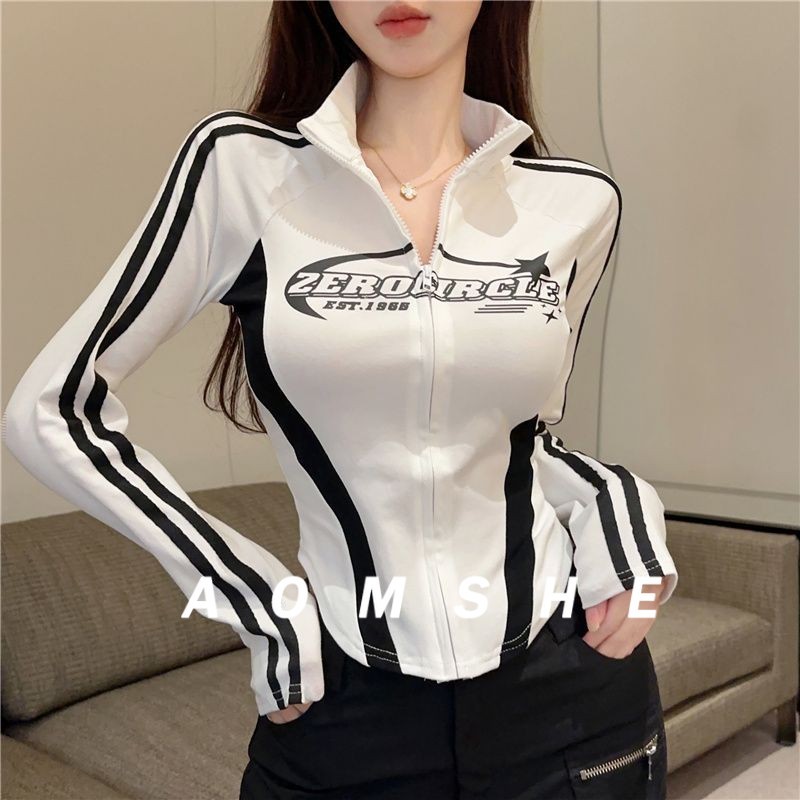 AOMSHE Atasan T-shirt lengan panjang wanita cetak Amerika ritsleting warna kontras olahraga gaya per