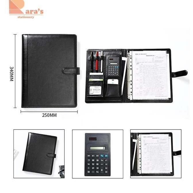 BEST BINDER ORGANIZER KULIT UKURAN A4 BONUS KALKULATOR + PAPAN BERJALAN - Hitam