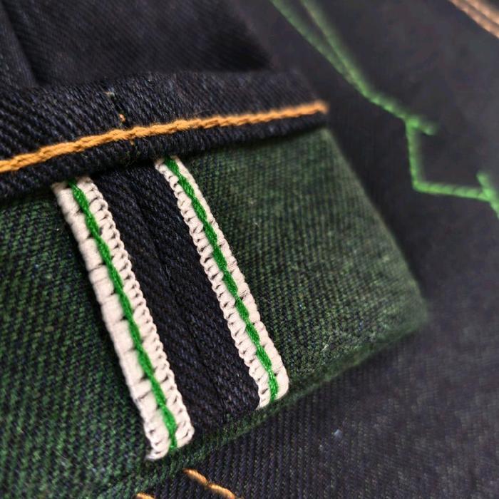 Celana Jeans Big Size green weft 14,5oz Selvedge Accents green line semi Stretch Slim Fit Denim Panj