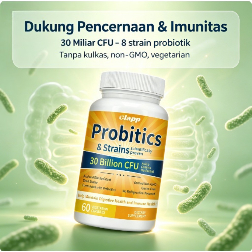 Clapp Probiotik 30B CFU Acid Bile Resistant Shelf Stabil Bebas Gluten Non GMO Untuk Pria Wanita 60 K